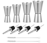 Set 4 Misurini Cocktail in Acciaio Inox, Doppio Dosatore 15/30 ml, 20/40 ml, 25/50 ml, 30/60 ml con 4 Beccucci Versatori e 2 Spazzole, Piccolo Jigger per Bar, Casa, Feste e Shaker Gin