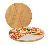 Set 4 Tablas para Pizza, Plato Cortar y Servir Pan, Ranuras, Redondo, Ø33cm, 100 Láminas Papel Horno, Bambú, Natural