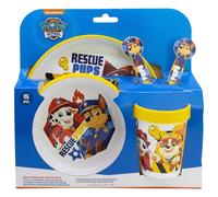 Set de vajilla infantil reutilizable antideslizante con base de silicona bicolor compuesto de plato, cuenco, vaso y cubiertos en caja de La Patrulla Canina