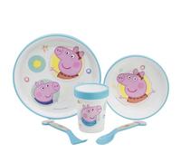 Set de vajilla infantil reutilizable antideslizante con base de silicona bicolor compuesto de plato, cuenco, vaso y cubiertos en caja de Peppa Pig
