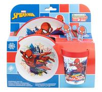 Set de vajilla infantil reutilizable antideslizante con base de silicona bicolor compuesto de plato, cuenco, vaso y cubiertos en caja de Spiderman