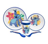 Set de vajilla infantil reutilizable antideslizante con base de silicona bicolor compuesto de plato, cuenco, vaso y cubiertos en caja de Stitch