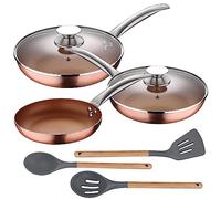 Set 5pc sartenes 20,24,28 cm (con tapa) aluminio prensado inducción con Set 3pc utensilios de cocina silicona madera