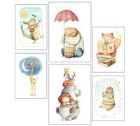 Set 6 cuadros base madera Decoración Salón Modernos, Dormitorios, Habitación, Infantil, Dibujos, Animales, Peluches con colgadores metálicos, (2x 38 x 29 cm ; 4x 29 x 20 cm)