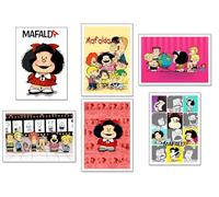 Set 6 cuadros base madera, Decoración Salón Modernos, Dormitorios, Habitación, Infantil, Mafalda con colgadores metálicos, (38 x 29 cm cada cuadro)