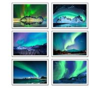 Set 6 cuadros base madera, Decoración Salón Modernos, Dormitorios, Habitación, paisaje, naturaleza, Aurora Boreal Noruega con colgadores metálicos, (29 x 20 cm cada cuadro)
