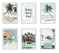 Set 6 cuadros base madera, Decoración Salón Modernos, Dormitorios, Habitación, paisaje, playa, naturaleza con colgadores metálicos, (29 x 20 cm cada cuadro)