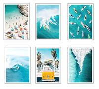 Set 6 cuadros base madera, Decoración Salón Modernos, Dormitorios, Habitación, paisaje, playa, naturaleza, fugoneta con colgadores metálicos, (38 x 29 cm cada cuadro)