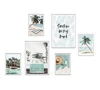 Set 6 cuadros base madera Decoración Salón Modernos, Dormitorios, Habitación, paisaje, playa, naturaleza con colgadores metálicos, (2x 38 x 29 cm ; 4x 29 x 20 cm)