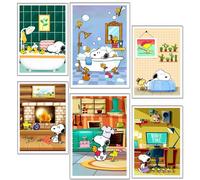 Set 6 cuadros base madera Decoración Salón Modernos, Dormitorios, Habitación, Snoopy con colgadores metálicos, (2x 38 x 29 cm ; 4x 29 x 20 cm)