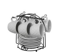 SET 6 TAZAS CAFE C/PLATO CERAM ICA BLANCA C/SOPORTE METAL NEG