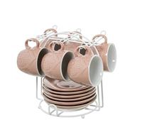 SET 6 TAZAS CAFE C/PLATO CERAM ICA COLOR ROSA C/SOPORTE METAL