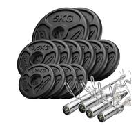 Set 65kg | Barra olímpica, barra de curl ligeramente curvada, discos de pesas