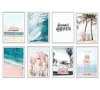 Set 8 cuadros base madera, Decoración Salón Modernos, Dormitorios, Habitación, paisaje, playa, naturaleza con colgadores metálicos, (38 x 29 cm cada cuadro)