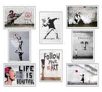 Set 8 Láminas A4 Decorativas Pared para Cuadros Decoración Salón Modernos, Dormitorios, Habitación, SIN Marco, Banksy, (29,7 x 21 cm)