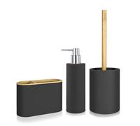 Set Accesorios Baño 3 Piezas - Blanco, Negro Mate o Gris y Bambú | Dispensador Jabón, Vaso Portacepillos y Escobillero WC | Diseño Nórdico Minimalista | Nadi Collection