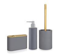 Set Accesorios Baño 3 Piezas - Blanco, Negro o Gris Mate y Bambú | Dispensador Jabón, Vaso Portacepillos y Escobillero WC | Diseño Nórdico Minimalista | Nadi Collection