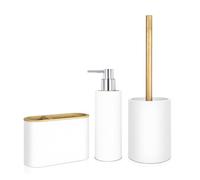 Set Accesorios Baño 3 Piezas - Blanco, Negro o Gris Mate y Bambú | Dispensador Jabón, Vaso Portacepillos y Escobillero WC | Diseño Nórdico Minimalista | Nadi Collection