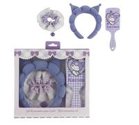Set Accesorios Pelo Sanrio Kuromi | Diadema Spa Orejitas, Cepillo Vichy y Scrunchie Lila, Regalo Mujer Hello Kitty