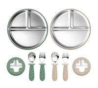 Set Alimentación Bebé 6 Piezas con Ventosa, Platos Acero Inoxidable | 2 Platos Divididos con Cuchara y Tenedor Silicona, Vajilla Sin BPA para Aprender a Comer Solo