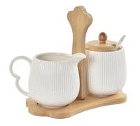 Set Azucarero con Cucharilla y Jarrita Lechera Porcelana Blanco con Soporte Madera Nordico -Jarra y Lechera para Mesa Cocina