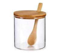 Set Azucarero y Jarra de cristal, 2 unidades: azucarero y Jarra 1,8l. Especieros para cocina con cuchara de madera de Bambú. Azucarero moderno con tapa de madera (1)