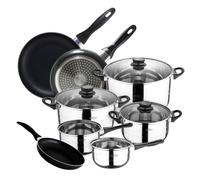 San Ignacio batería 8 Piezas + Set 16/20/24 cms, Acero Inoxidable, Negro, 5 cuerpos + 3 sartenes