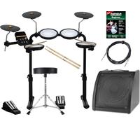Set batería electrónica XDrum DD-250 con 4 pads mesh, 3 platillos, pedal kick/snare, rack, baquetas, taburete, altavoz, cables y escuela.