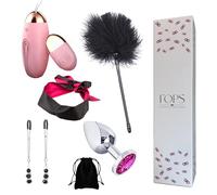 Set BDSM Fops de 5 piezas tapón anal de acero inoxidable con diamante rosa huevo vibratorio con control remoto, pinzas para pezones de lujo venda de ojos de satén y pluma Set de juguetes sexuales