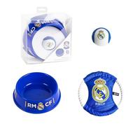 Set Bienvenida Mascota Real Madrid Licencia Oficial - Pack 3 Piezas Perro: Comedero Silicona + Pelota + Frisbee Cuerda, Kit Llegada Nueva Mascota Real Madrid, Accesorios Perro RMCF Escudo Oficial