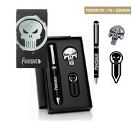 Set de Bolígrafo Premium The Punisher Marvel para Adultos y Jóvenes - Incluye Bolígrafo Negro, Pin Metálico Calavera y Marcapáginas, Licencia Oficial, Regalo para Oficina y Lectura