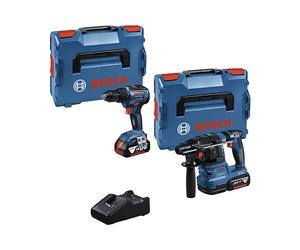 Set Bosch Professional de 18 V: GSR 18V-55 y GBH 18V-22 que incluyen baterías, cargador y L-BOXX