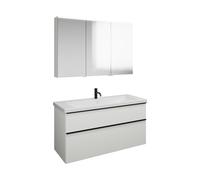 Set burgbad Eqio, compuesto por armario con espejo a la izquierda, lavabo de cerámica y mueble bajo para lavabo, anchura 1230mm, SFAN123RF6582C0001G0252, Color: Blanco mate / Blanco mate, tirador negr