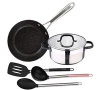 Set Cacerola 24x10.5 cm con tapa, acero inoxidable+Sarten 28x6 aluminio forjado apta para inducción+ 3 utensilios en nylon SAN IGNACIO VITA