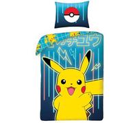 Halantex - Juego de Ropa de Cama con diseño de Pokemon Picachu, Color Amarillo y Azul, 2 Piezas 140 x 200 cm + 1 Funda de Almohada. 100% algodón Oeko-Tex