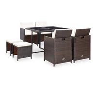 Set comedor de jardín 9 piezas y cojines ratán sintético marrón