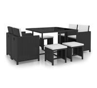 Set comedor de jardín 9 piezas y cojines ratán sintético negro