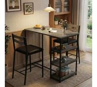 Set comedor moderno 3 piezas para 2 personas - Mesa alta con estantes y 2 sillas acolchadas PU - Compacto, ahorra espacio - Estructura acero y MDF - Fácil de montar - tubo negro + vetas grises - PU