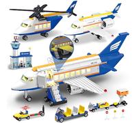 Set Construcción Avion 3 en 1 con Luz LED, Bloques Construcción para Pasajeros Aviones City con Terminal Aeropuerto, Remolque Equipaje y Avión, Avión Juguete Niños 6-12 Años, Regalo Cumpleaños