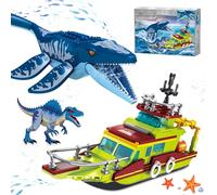 Set Construcción Dinosaurio Exploradores Océano 3 EN 1 Compatible con Dinosaurio Park World, Barco & Dinosaurios Mosasaurus Spinosaurus con Articulaciones Articuladas, Juguete Niños de 6-12 Años