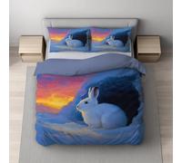 Set copripiumino in Morbida Microfibra Copripiuminos Bianco Oro, couripiumino 200 x 200 + federa 2 x 50 x 70,Pittura A Olio Lepre Artica Neve Tramonto,Facile da pulire,Easy Cura,Ipoallergenico