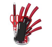 Set Couteau Cuisine Professionnel - Couteaux Tranchant en Acier Inoxydable - Support en Acrylique - Poignée ergonomique - Set de couteaux avec support 8 pièces - Rouge - Herzberg HGMSN8-RD