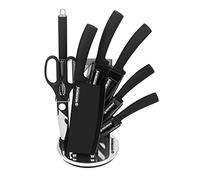 Herzberg Couteau Cuisine Professionnel Tranchant en Acier Inoxydable Acrylique-Poignée ergonomique-Set de couteaux Avec Support 8 pièces-Noir HGMSN8-BLK, Iron, [Plata, Na]