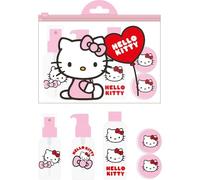 Set cuidado personal viaje Hello Kitty | Kit de botellas reutilizables con stickers y bolsa transparente | Accesorios de viaje kawaii para niñas