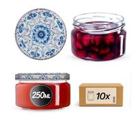Set de 10 tarros para mermelada KADAX de 250 ml con tapa de rosca de Ø 82 mm en blanco/azul - hermético, apto para lavavajillas, ideal para mermelada, chutneys, verduras encurtidas, carne, patés y