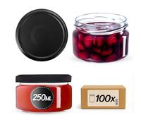 Set de 100 tarros para mermelada KADAX de 250 ml con tapa de rosca de Ø 82 mm en negro mate - hermético, apto para lavavajillas, ideal para mermelada, chutneys, verduras encurtidas, carne, pasteles y