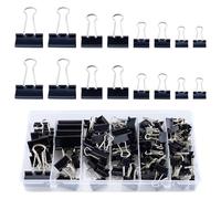 Set de 115 Pinzas Plegables Negras - 15 mm/19 mm/25 mm/32 mm - En Caja - Binder Clips Metálicos Multiusos para Oficina, Papel y Documentos, Carpeta Plegable de Metal