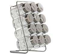 Set de 12 especieros de Cristal y Tapa de Acero INOX. con Soporte de Metal en Transparente y Cromado 14x15x22cm, Botes 4x9,5cm
