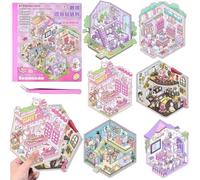 Set De 12 Pegatinas Grandes 3D Sticker Book Para El Hogar, En Miniatura 3D Con Pinzas Rosas, Diy Cozy Little Home House Scene Stickers Niños Pega Y Despega, Fun Diy Stickers Scene, Relief Stress