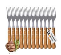 Set de 12 Tenedores para Carne con Mango de Madera y Púas de Acero Inoxidable, Cubiertos Reutilizables para Asados, Barbacoas y Comidas Familiares